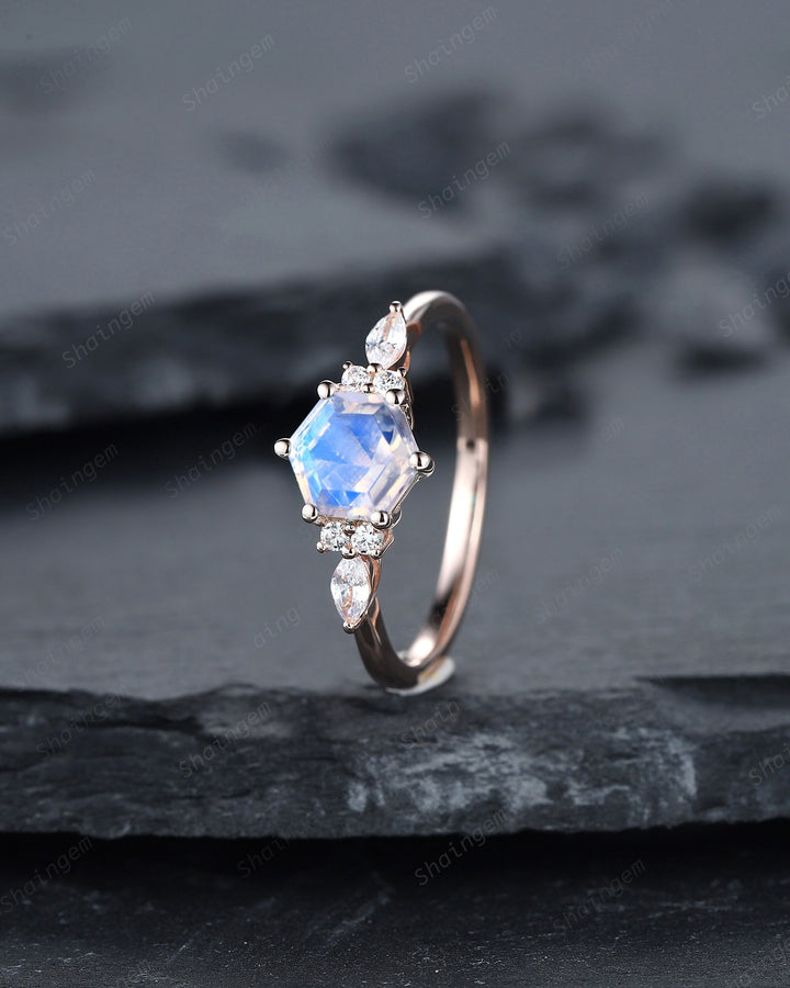 Unique Hexagon Natural Moonstone Engagement Ring Set, Vintage Blue Moonstone Wedding Ring, 14K Rose Gold Promise Ring, Art Deco Bridal Ring - ShainJewelry
