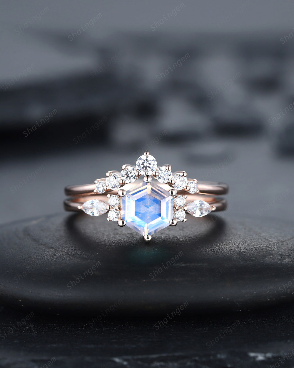 Unique Hexagon Natural Moonstone Engagement Ring Set, Vintage Blue Moonstone Wedding Ring, 14K Rose Gold Promise Ring, Art Deco Bridal Ring - ShainJewelry