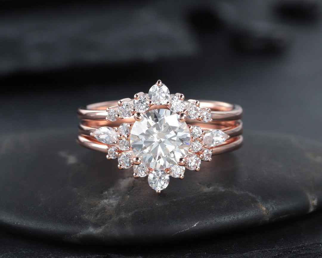 3PCS Round Shape Moissanite Engagement Ring Set, Vintage 14k 18k Rose Gold Halo Moissanite Wedding Anniversary Ring Set Promise Ring Gift - ShainJewelry