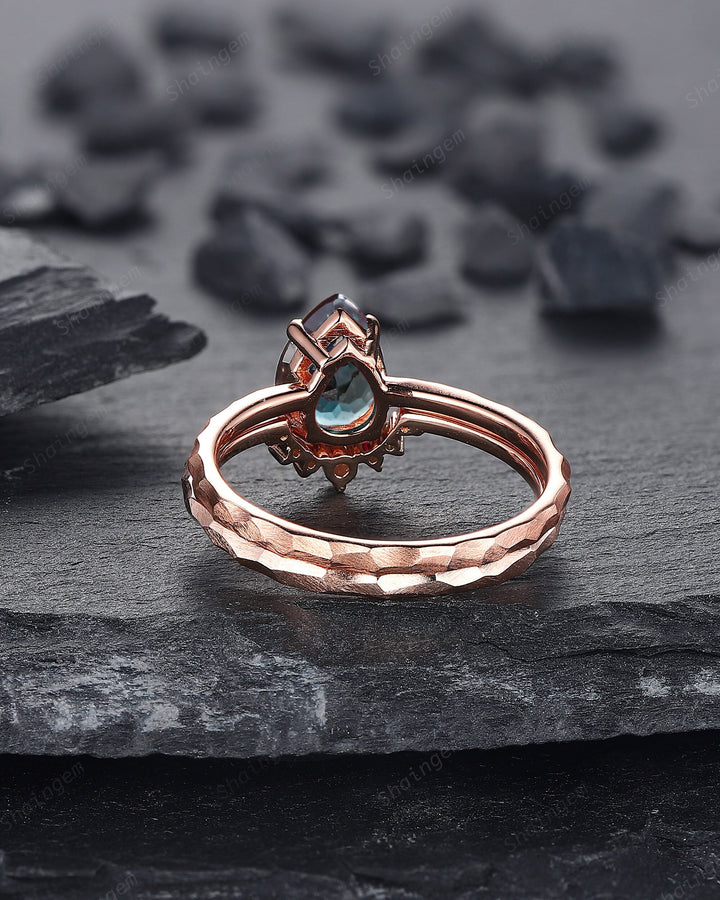 Unique Hammered Alexandrite Engagement Ring Set, Hand Forged 14K 18K Rose Gold Pear Shape Alexandrite Wedding Bridal Set Promise Ring Gift - ShainJewelry
