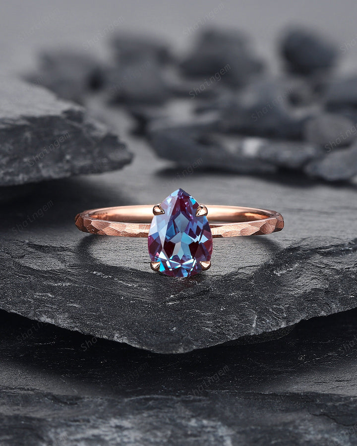 Unique Hammered Alexandrite Engagement Ring Set, Hand Forged 14K 18K Rose Gold Pear Shape Alexandrite Wedding Bridal Set Promise Ring Gift - ShainJewelry