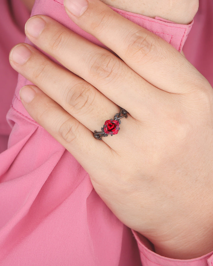 Black Gold Cushion Cut Ruby Engagement Ring, Rhodium Black Leaf Bridal Ring, Witchy Black Promise Ring, Gothic Black Twig Wedding Ring Gift - ShainJewelry