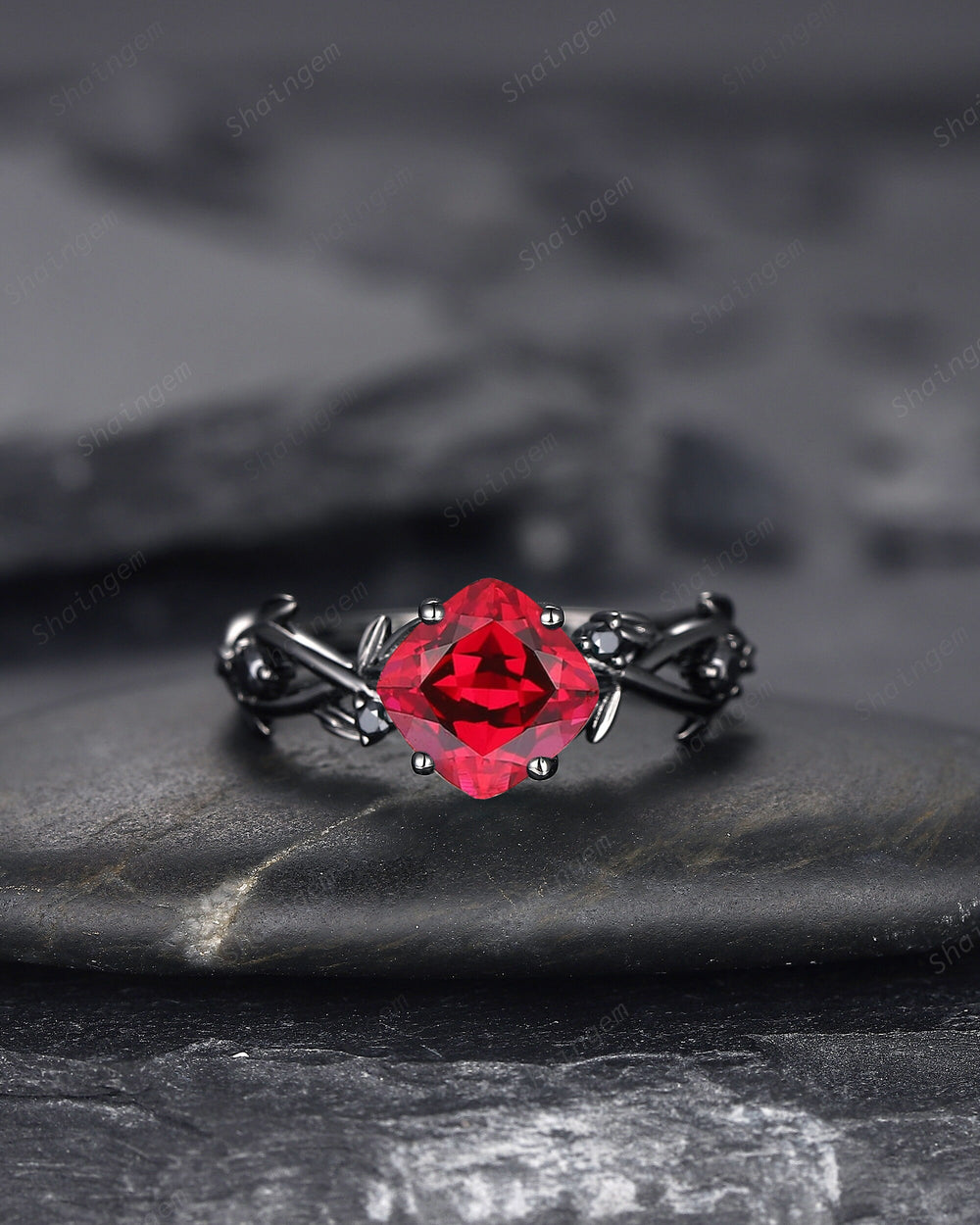 Black Gold Cushion Cut Ruby Engagement Ring, Rhodium Black Leaf Bridal Ring, Witchy Black Promise Ring, Gothic Black Twig Wedding Ring Gift - ShainJewelry