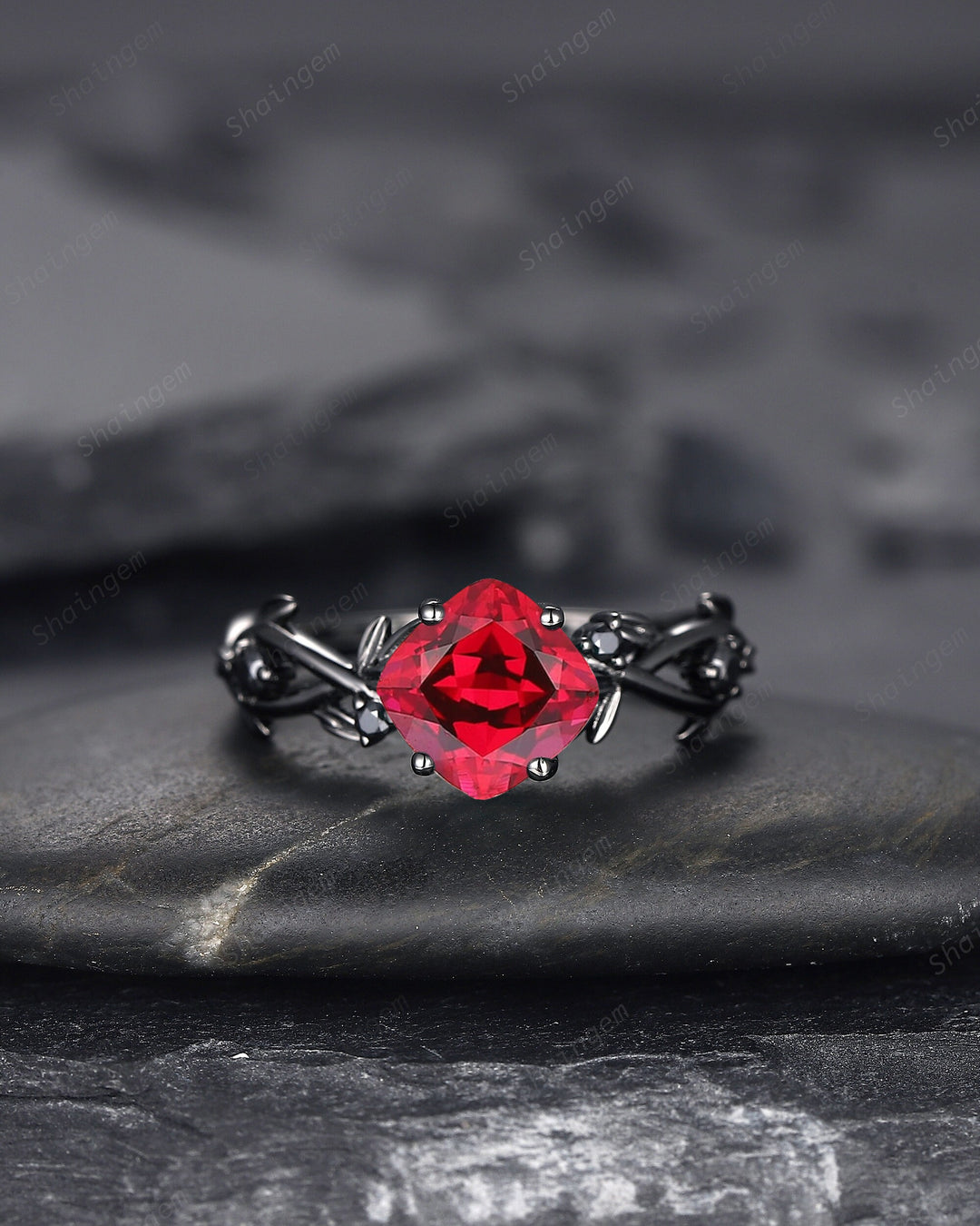 Black Gold Cushion Cut Ruby Engagement Ring, Rhodium Black Leaf Bridal Ring, Witchy Black Promise Ring, Gothic Black Twig Wedding Ring Gift - ShainJewelry