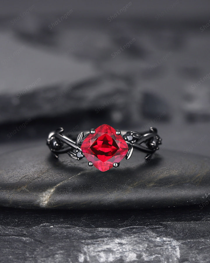 Black Gold Cushion Cut Ruby Engagement Ring, Rhodium Black Leaf Bridal Ring, Witchy Black Promise Ring, Gothic Black Twig Wedding Ring Gift - ShainJewelry