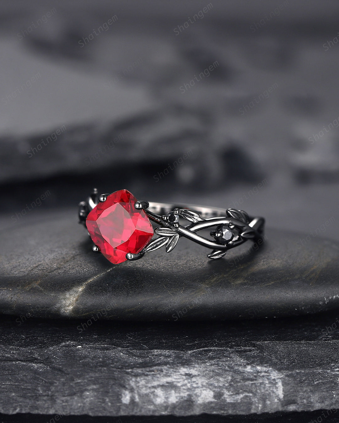 Black Gold Cushion Cut Ruby Engagement Ring, Rhodium Black Leaf Bridal Ring, Witchy Black Promise Ring, Gothic Black Twig Wedding Ring Gift - ShainJewelry