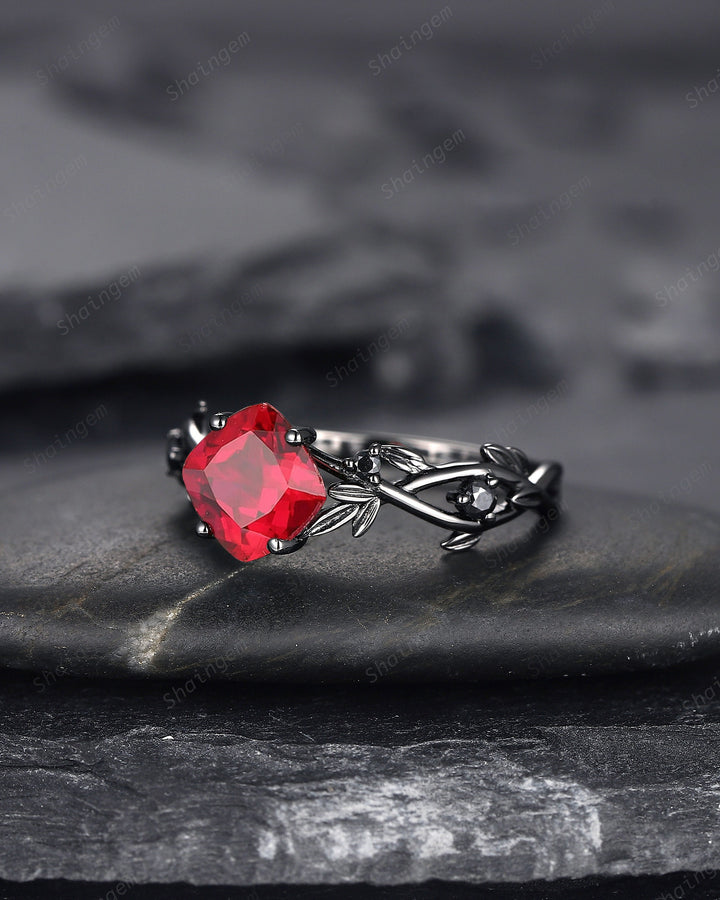 Black Gold Cushion Cut Ruby Engagement Ring, Rhodium Black Leaf Bridal Ring, Witchy Black Promise Ring, Gothic Black Twig Wedding Ring Gift - ShainJewelry