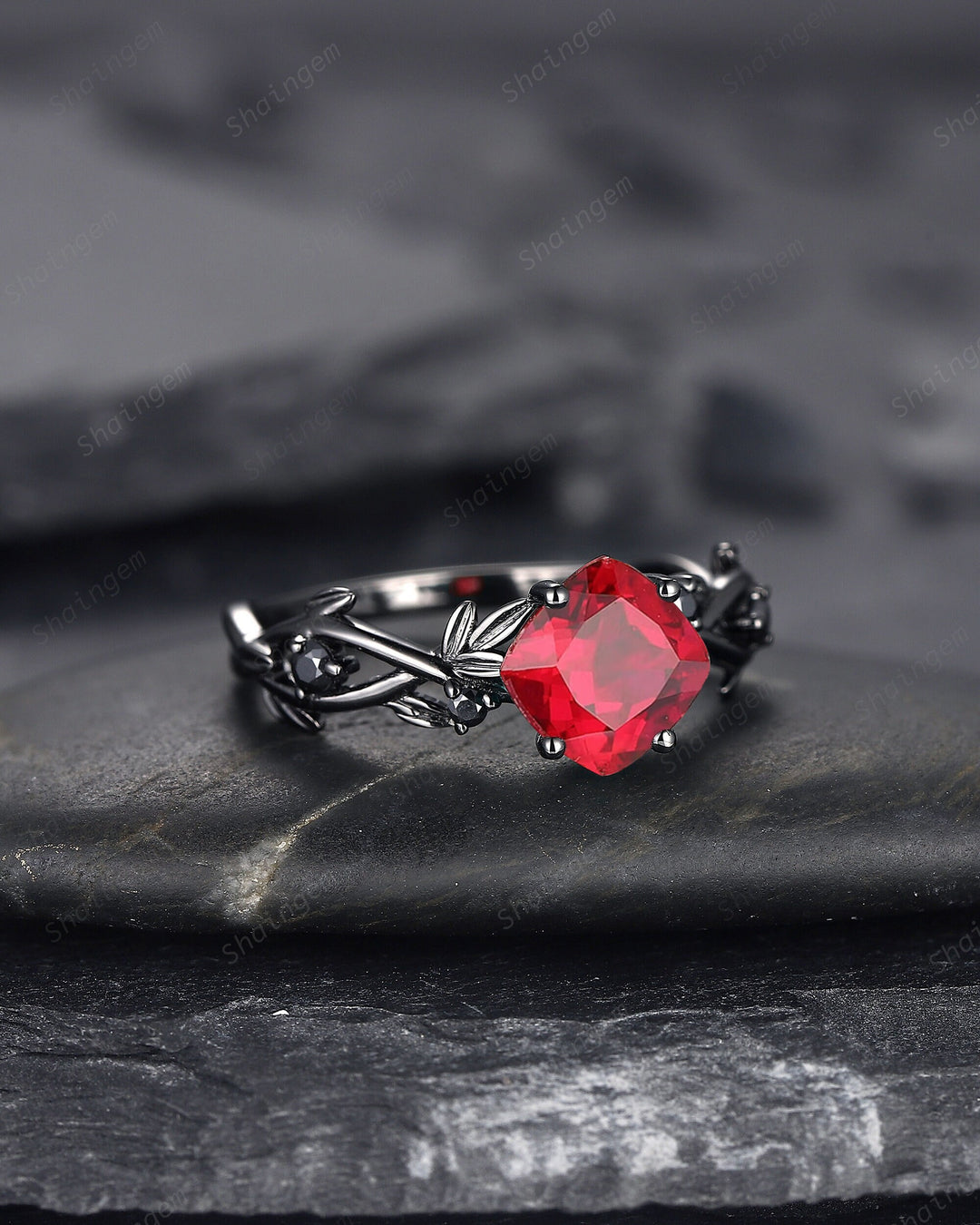 Black Gold Cushion Cut Ruby Engagement Ring, Rhodium Black Leaf Bridal Ring, Witchy Black Promise Ring, Gothic Black Twig Wedding Ring Gift - ShainJewelry