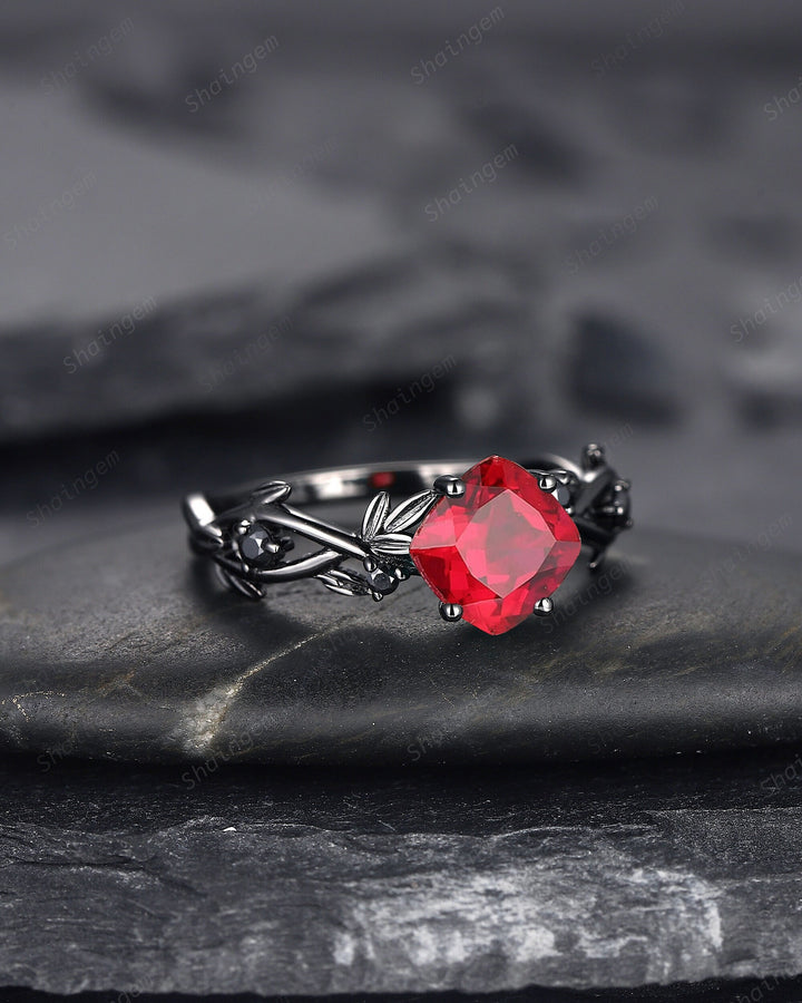Black Gold Cushion Cut Ruby Engagement Ring, Rhodium Black Leaf Bridal Ring, Witchy Black Promise Ring, Gothic Black Twig Wedding Ring Gift - ShainJewelry
