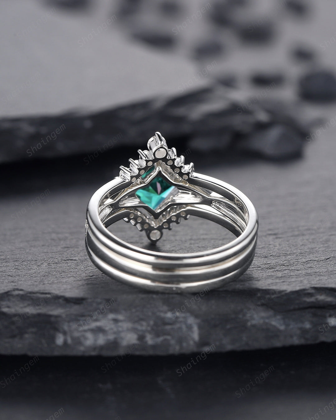 3PCS Princess Cut Emerald Engagement Ring Set, Art Deco Emerald Wedding Set, 14K 18K White Gold Promise Ring Gift Vintage Emerald Bridal Set - ShainJewelry