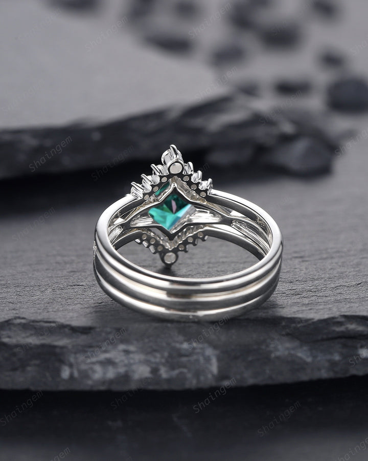 3PCS Princess Cut Emerald Engagement Ring Set, Art Deco Emerald Wedding Set, 14K 18K White Gold Promise Ring Gift Vintage Emerald Bridal Set - ShainJewelry