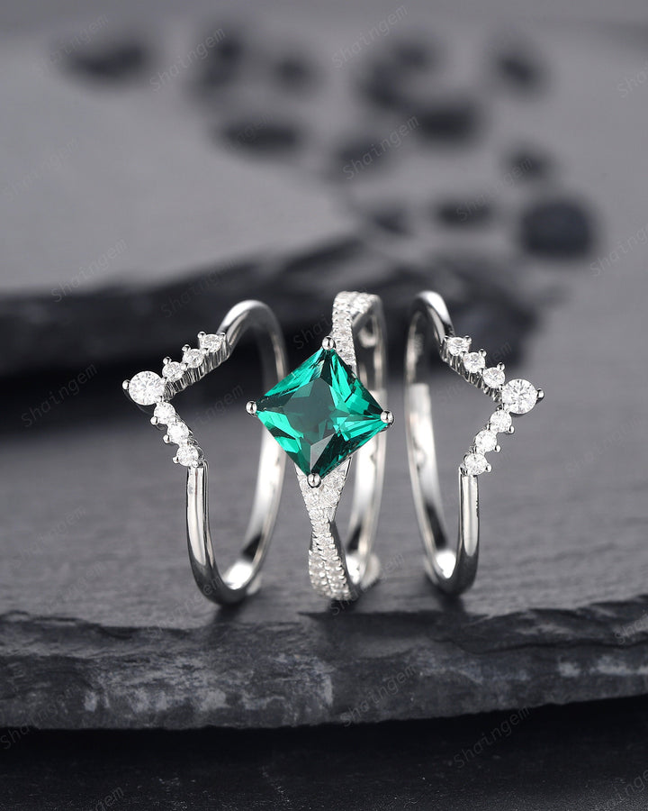 3PCS Princess Cut Emerald Engagement Ring Set, Art Deco Emerald Wedding Set, 14K 18K White Gold Promise Ring Gift Vintage Emerald Bridal Set - ShainJewelry