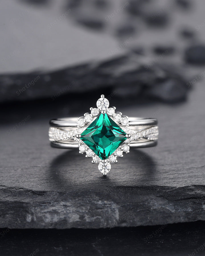 3PCS Princess Cut Emerald Engagement Ring Set, Art Deco Emerald Wedding Set, 14K 18K White Gold Promise Ring Gift Vintage Emerald Bridal Set - ShainJewelry