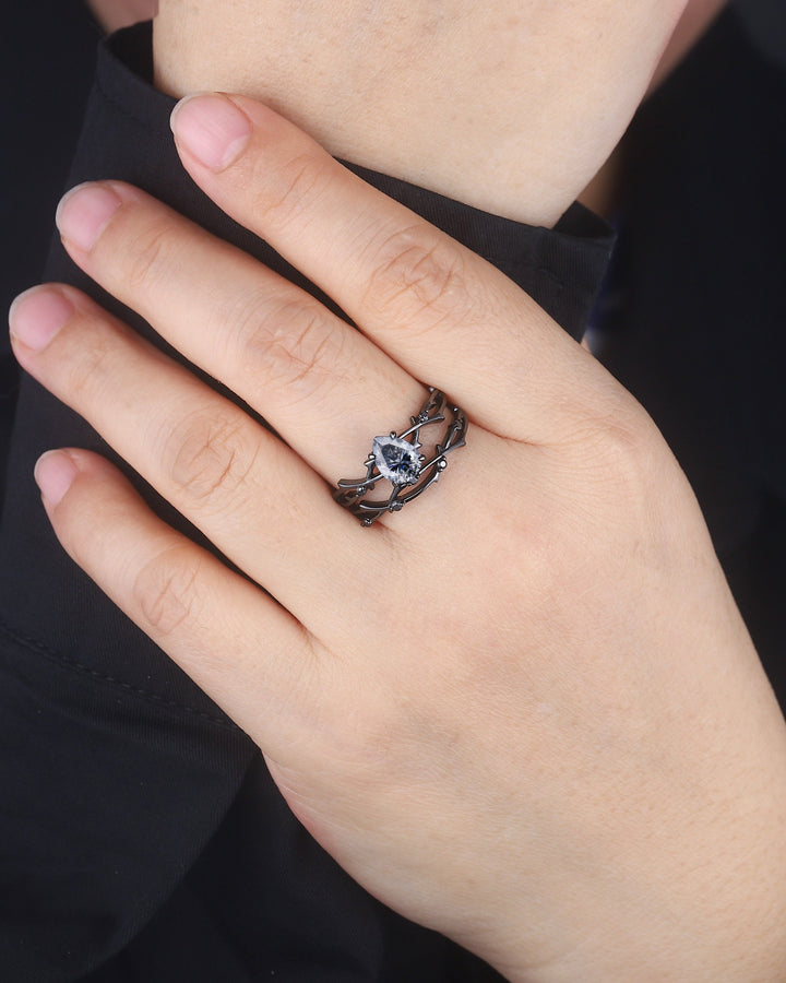 Rhodium Black Pear Shape Gray Moissanite Engagement Ring Set, Black Gold Grey Moissanite Promise Ring, Twig Black Diamond Wedding Ring Set - ShainJewelry