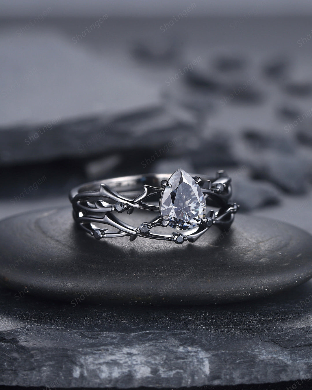 Rhodium Black Pear Shape Gray Moissanite Engagement Ring Set, Black Gold Grey Moissanite Promise Ring, Twig Black Diamond Wedding Ring Set - ShainJewelry
