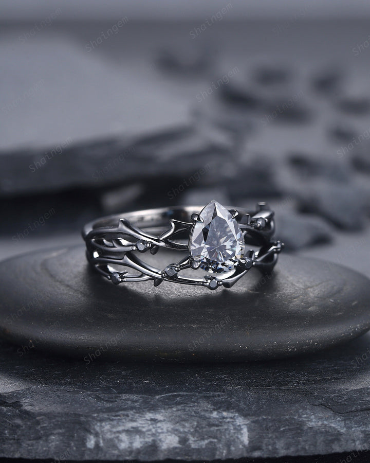 Rhodium Black Pear Shape Gray Moissanite Engagement Ring Set, Black Gold Grey Moissanite Promise Ring, Twig Black Diamond Wedding Ring Set - ShainJewelry