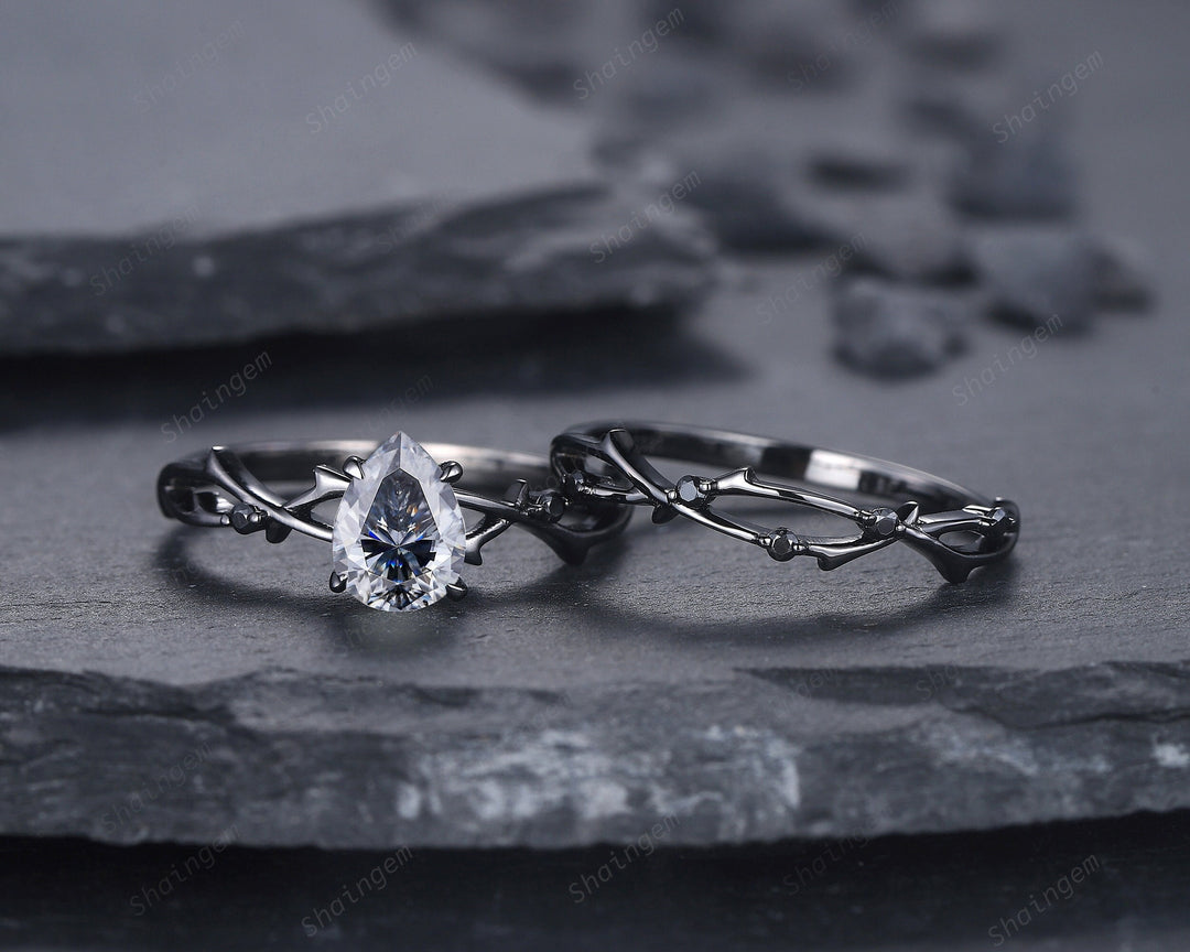 Rhodium Black Pear Shape Gray Moissanite Engagement Ring Set, Black Gold Grey Moissanite Promise Ring, Twig Black Diamond Wedding Ring Set - ShainJewelry