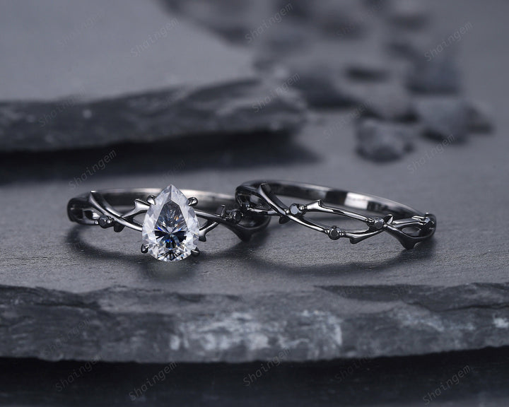 Rhodium Black Pear Shape Gray Moissanite Engagement Ring Set, Black Gold Grey Moissanite Promise Ring, Twig Black Diamond Wedding Ring Set - ShainJewelry