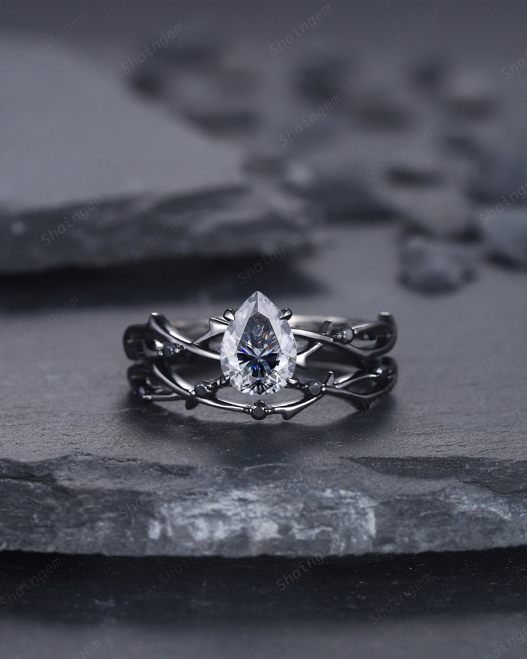 Rhodium Black Pear Shape Gray Moissanite Engagement Ring Set, Black Gold Grey Moissanite Promise Ring, Twig Black Diamond Wedding Ring Set - ShainJewelry