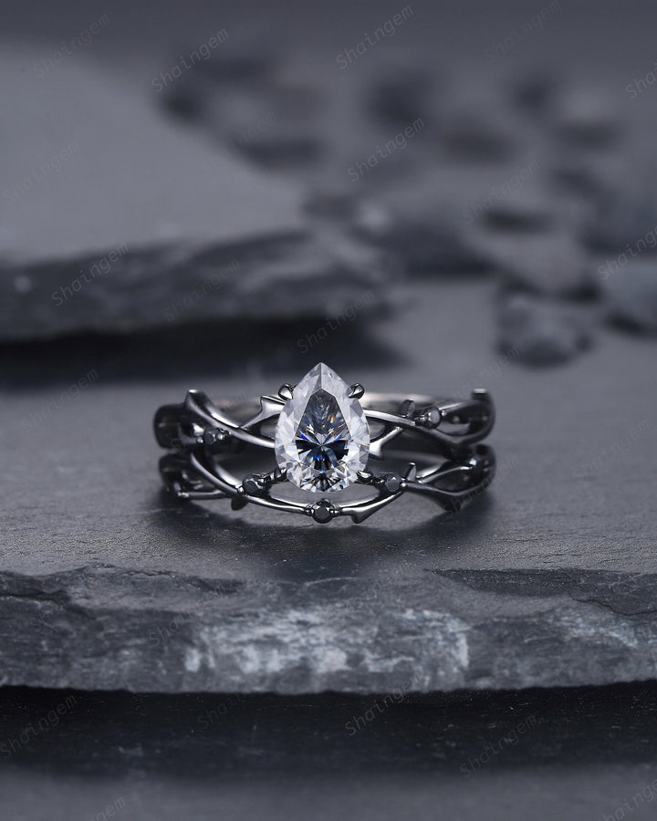 Rhodium Black Pear Shape Gray Moissanite Engagement Ring Set, Black Gold Grey Moissanite Promise Ring, Twig Black Diamond Wedding Ring Set - ShainJewelry
