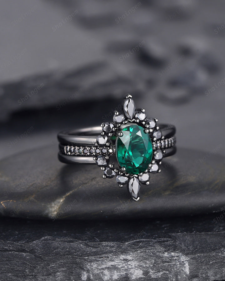 3PCS Oval Emerald Black Engagement Ring Set, Black Gold Finish Emerald Promise Ring Set, Vintage Rhodium Black Wedding Ring Gift for Her - ShainJewelry
