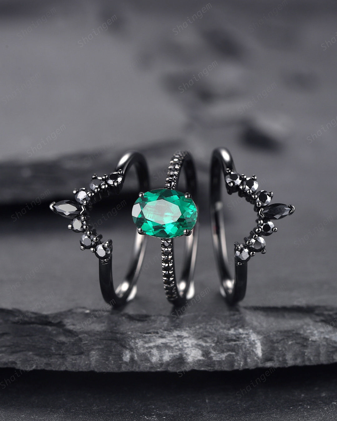 3PCS Oval Emerald Black Engagement Ring Set, Black Gold Finish Emerald Promise Ring Set, Vintage Rhodium Black Wedding Ring Gift for Her - ShainJewelry