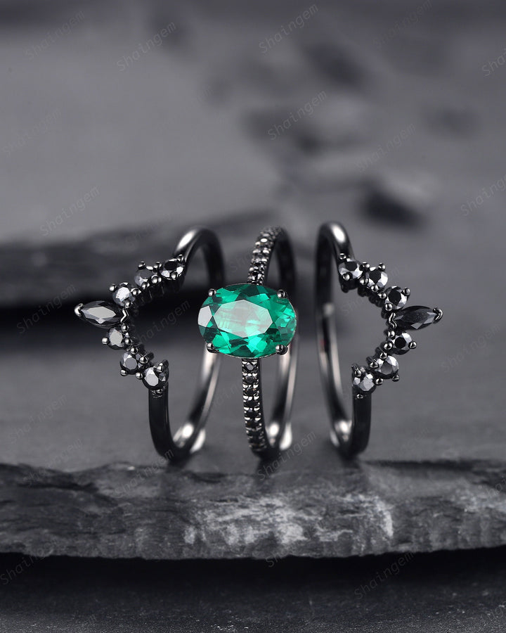 3PCS Oval Emerald Black Engagement Ring Set, Black Gold Finish Emerald Promise Ring Set, Vintage Rhodium Black Wedding Ring Gift for Her - ShainJewelry