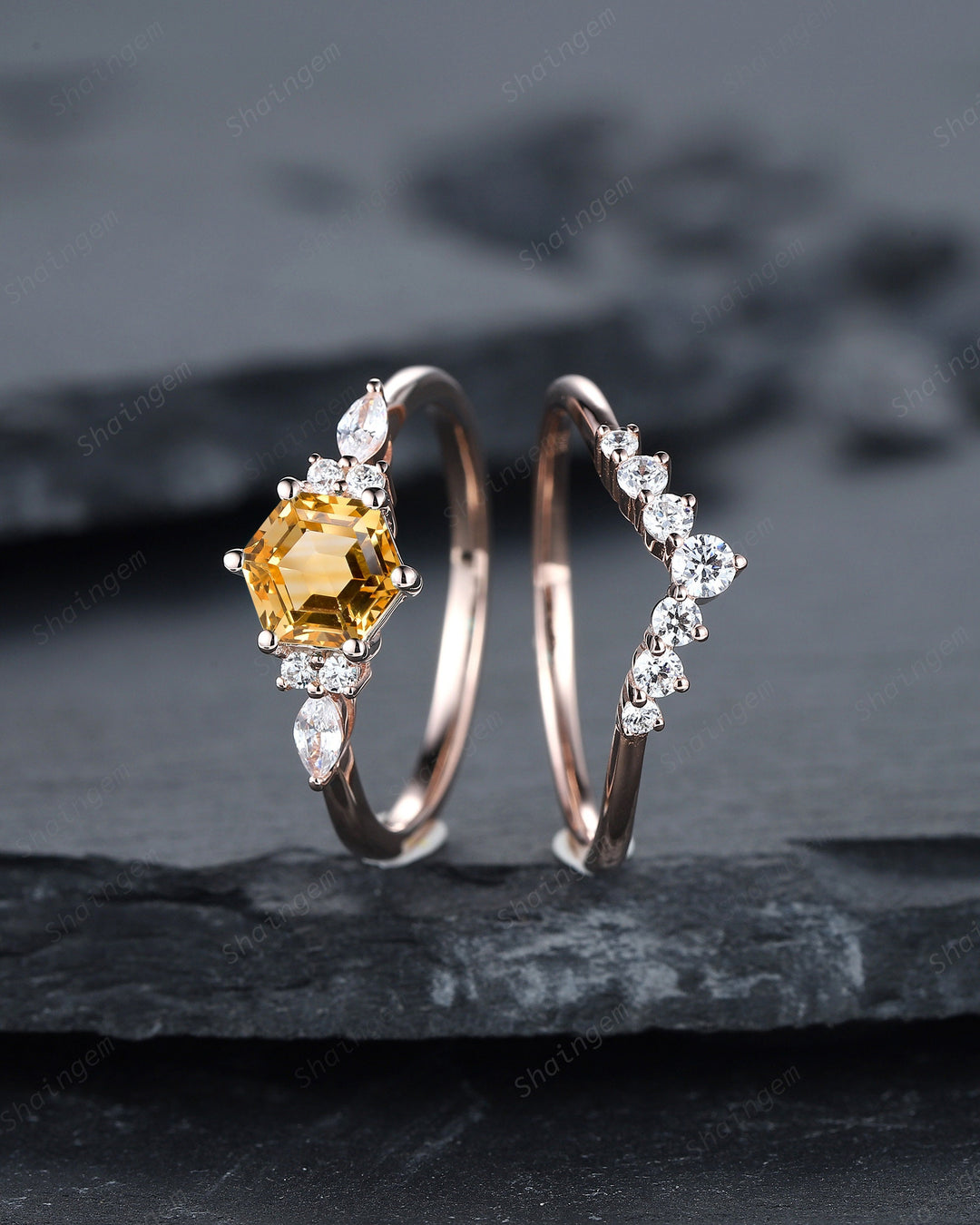 Unique Hexagon Citrine Engagement Ring Set, Vintage Yellow Citrine Wedding Ring, 14K Rose Gold Citrine Promise Ring, Art Deco Citrine Ring - ShainJewelry