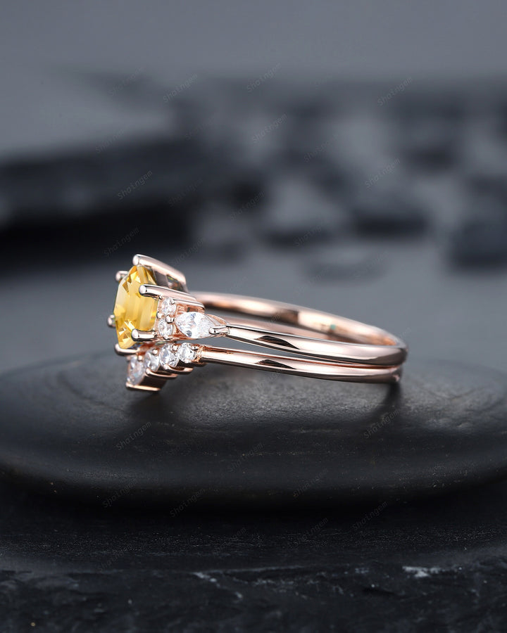 Unique Hexagon Citrine Engagement Ring Set, Vintage Yellow Citrine Wedding Ring, 14K Rose Gold Citrine Promise Ring, Art Deco Citrine Ring - ShainJewelry