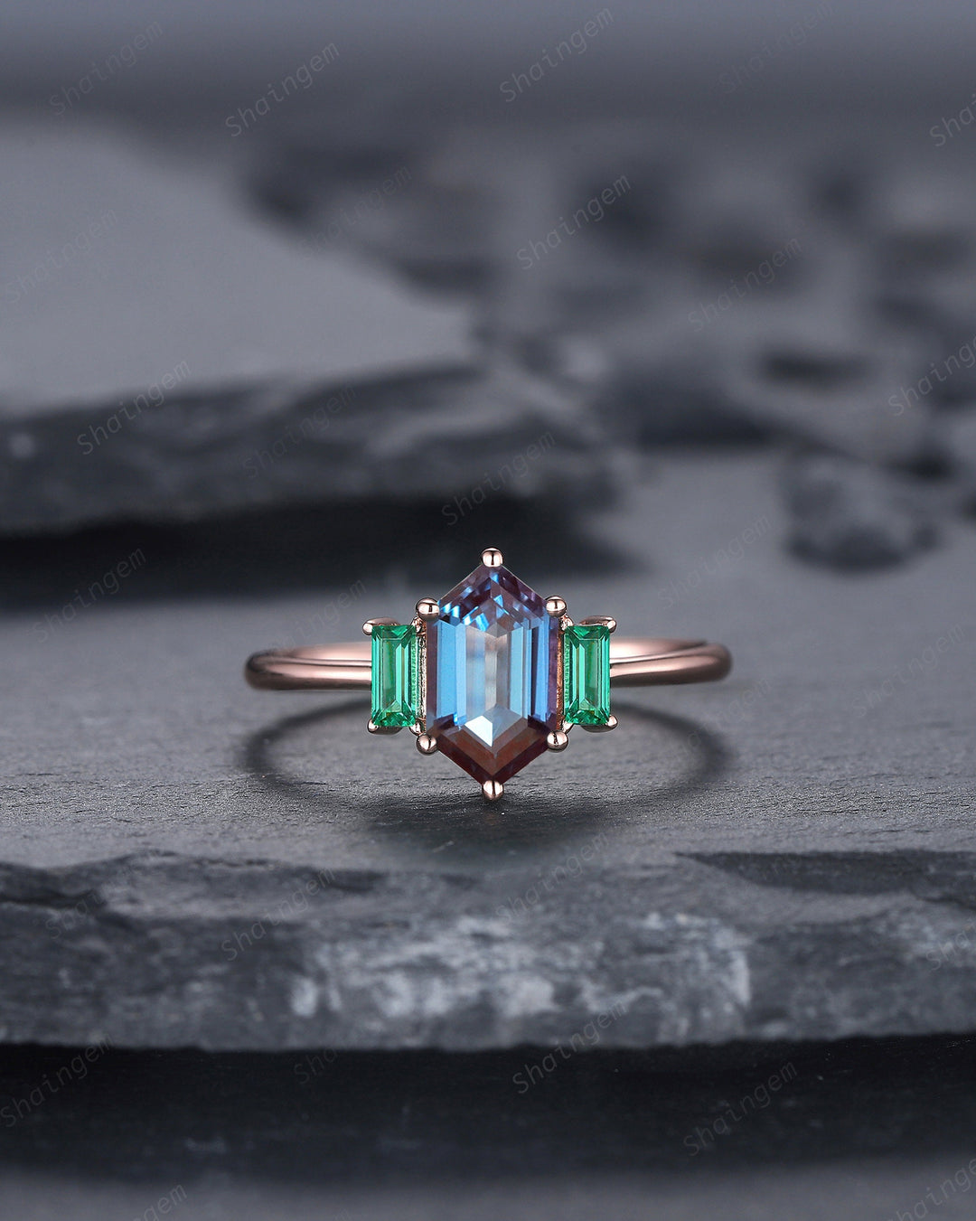 Vintage Long Hexagon Alexandrite Engagement Ring, Three Stones Wedding Ring, 14K Rose Gold Baguette Emerald Anniversary Promise Ring Gift - ShainJewelry
