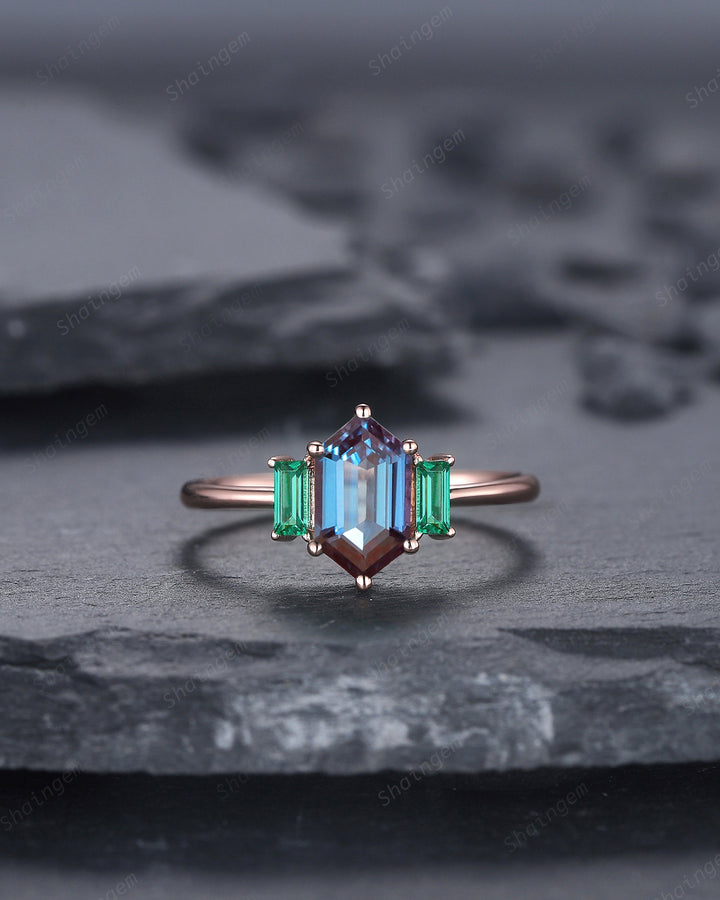 Vintage Long Hexagon Alexandrite Engagement Ring, Three Stones Wedding Ring, 14K Rose Gold Baguette Emerald Anniversary Promise Ring Gift - ShainJewelry