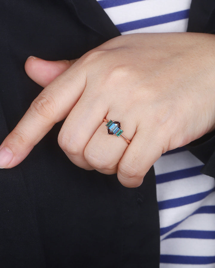 Vintage Long Hexagon Alexandrite Engagement Ring, Three Stones Wedding Ring, 14K Rose Gold Baguette Emerald Anniversary Promise Ring Gift - ShainJewelry
