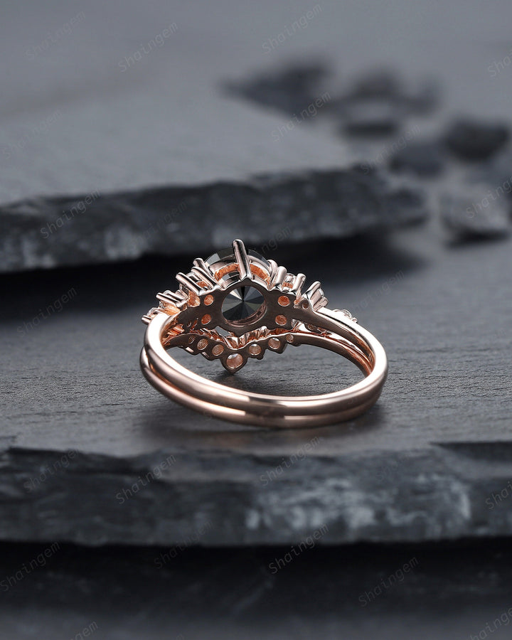 1.5 CT Round Shape Black Diamond Engagement Ring Set, 18K Rose Gold Black Diamond Promise Ring Snowdrift Wedding Anniversary Ring for Women - ShainJewelry