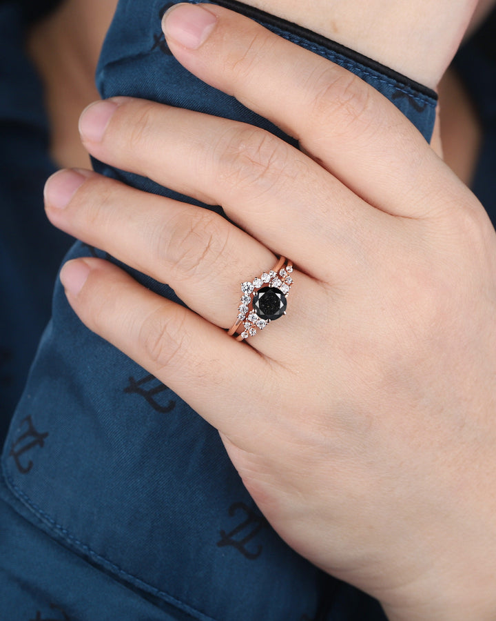 1.5 CT Round Shape Black Diamond Engagement Ring Set, 18K Rose Gold Black Diamond Promise Ring Snowdrift Wedding Anniversary Ring for Women - ShainJewelry