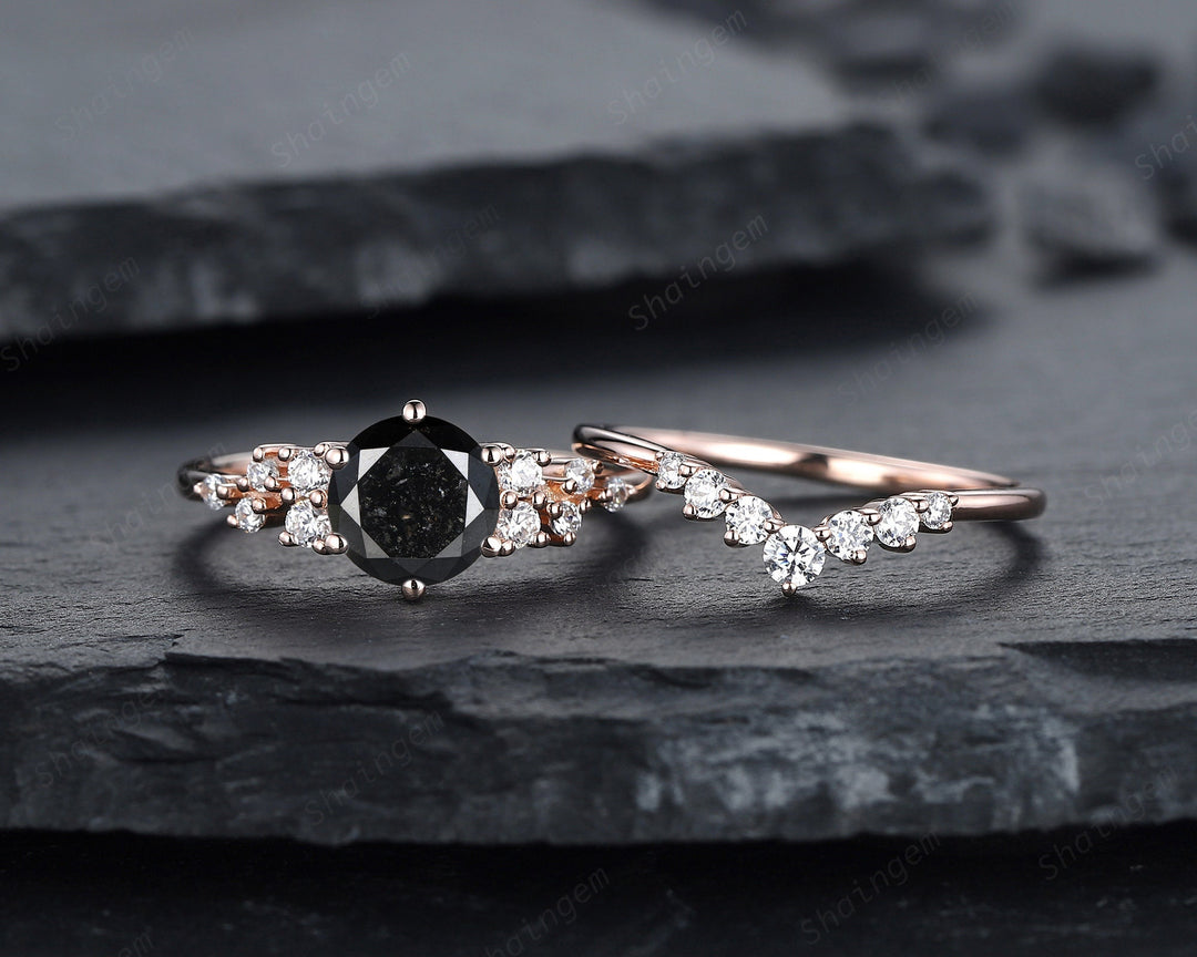 1.5 CT Round Shape Black Diamond Engagement Ring Set, 18K Rose Gold Black Diamond Promise Ring Snowdrift Wedding Anniversary Ring for Women - ShainJewelry