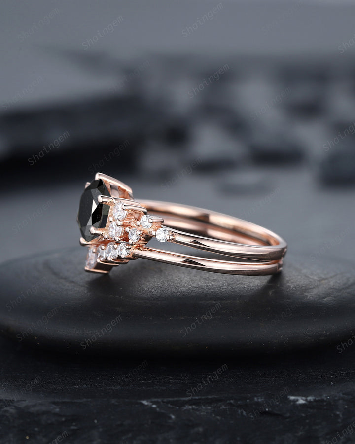1.5 CT Round Shape Black Diamond Engagement Ring Set, 18K Rose Gold Black Diamond Promise Ring Snowdrift Wedding Anniversary Ring for Women - ShainJewelry