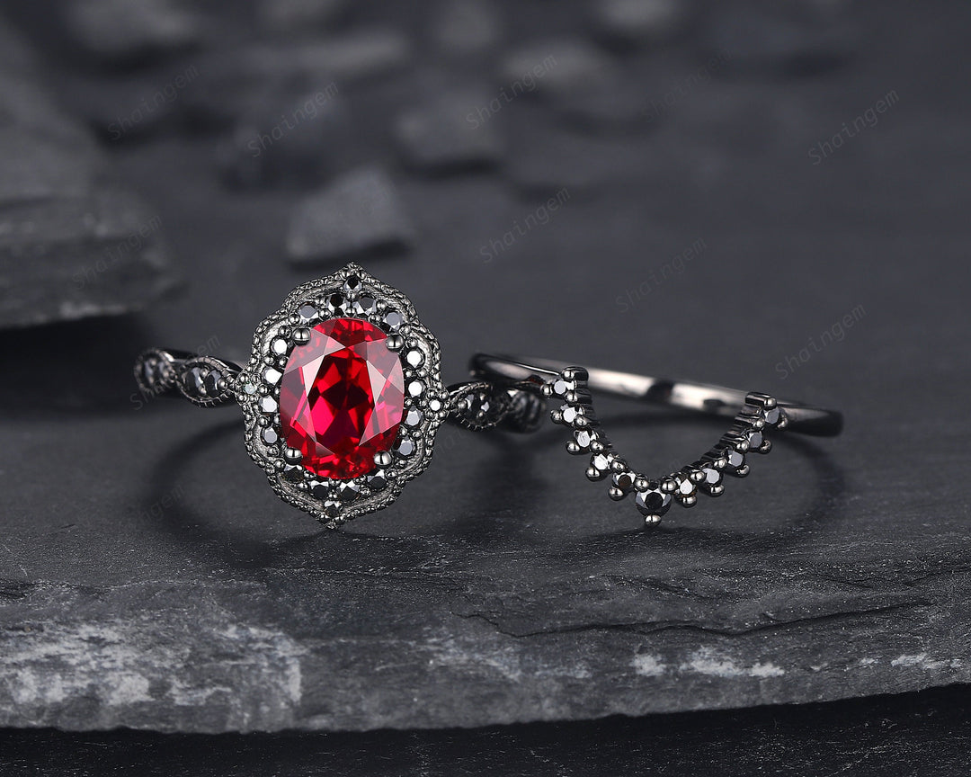 Black Gold Oval Shape Ruby Engagement Ring Set, Vintage Rhodium Black Floral Halo Promise Ring, Black Wedding Ring Gift Gothic Bridal Set - ShainJewelry