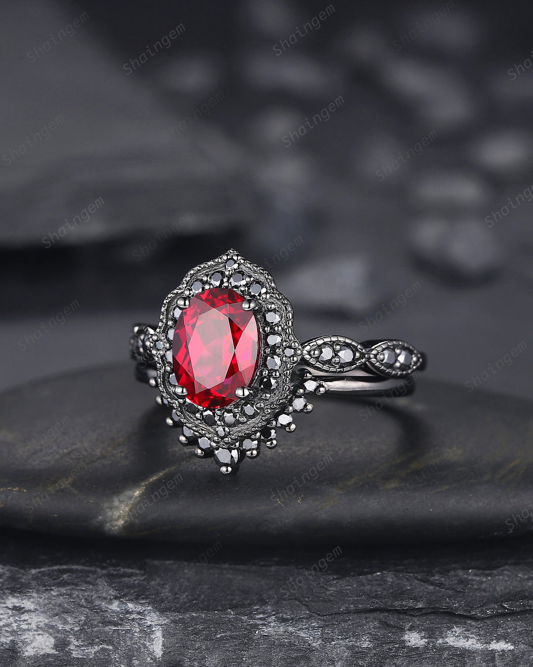 Black Gold Oval Shape Ruby Engagement Ring Set, Vintage Rhodium Black Floral Halo Promise Ring, Black Wedding Ring Gift Gothic Bridal Set - ShainJewelry