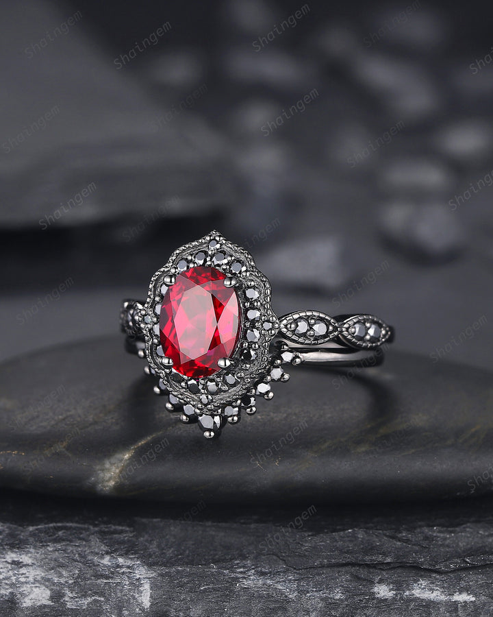 Black Gold Oval Shape Ruby Engagement Ring Set, Vintage Rhodium Black Floral Halo Promise Ring, Black Wedding Ring Gift Gothic Bridal Set - ShainJewelry