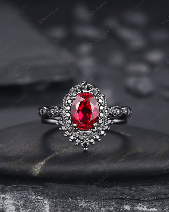 Black Gold Oval Shape Ruby Engagement Ring Set, Vintage Rhodium Black Floral Halo Promise Ring, Black Wedding Ring Gift Gothic Bridal Set - ShainJewelry