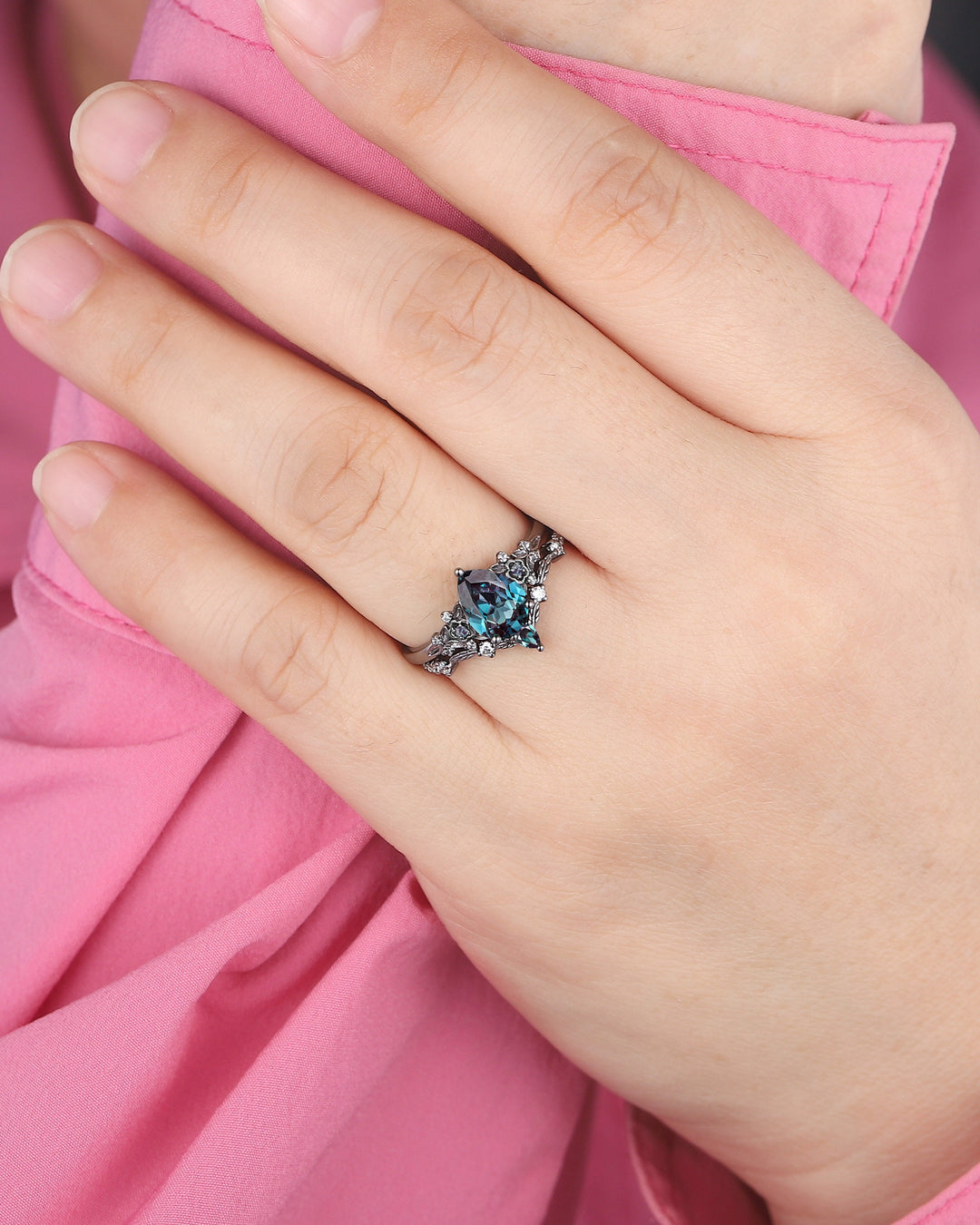 Gothic Black Gold Pear Shape Alexandrite Engagement Ring Set, Black Floral Promise Ring Set Unique Rhodium Black Witchy Ring Bridal Set Gift - ShainJewelry