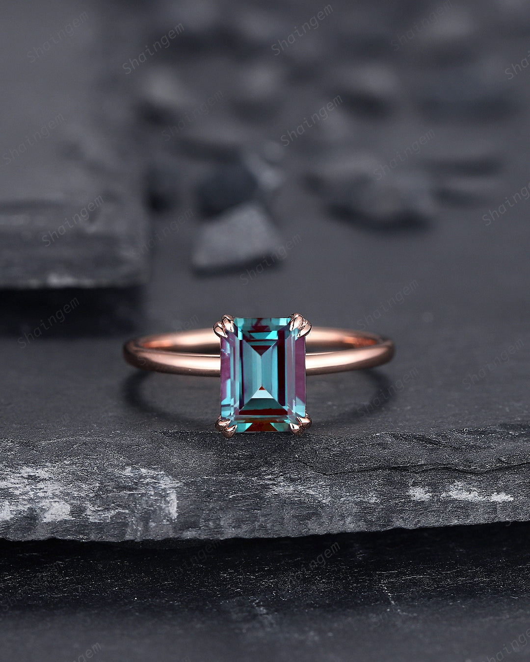 Vintage Emerald Cut Solitaire Alexandrite Engagement Ring,14K Rose Gold High Profile Alexandrite Ring, Promise Anniversary Ring Gift for her - ShainJewelry