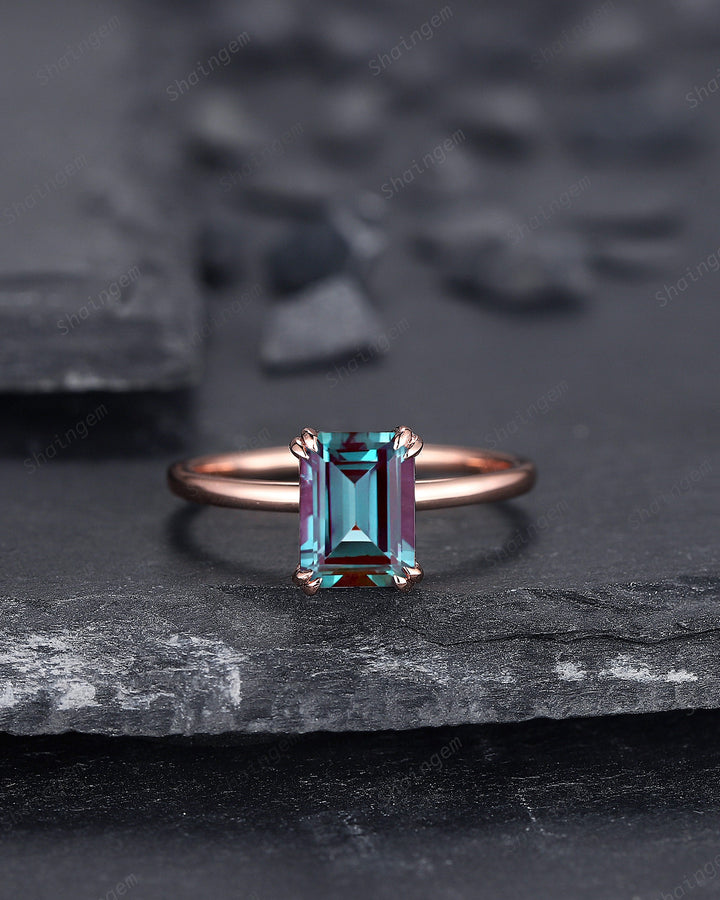 Vintage Emerald Cut Solitaire Alexandrite Engagement Ring,14K Rose Gold High Profile Alexandrite Ring, Promise Anniversary Ring Gift for her - ShainJewelry