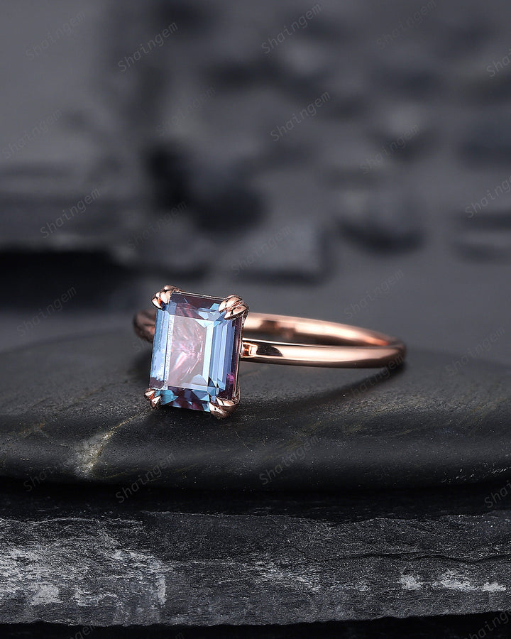 Vintage Emerald Cut Solitaire Alexandrite Engagement Ring,14K Rose Gold High Profile Alexandrite Ring, Promise Anniversary Ring Gift for her - ShainJewelry