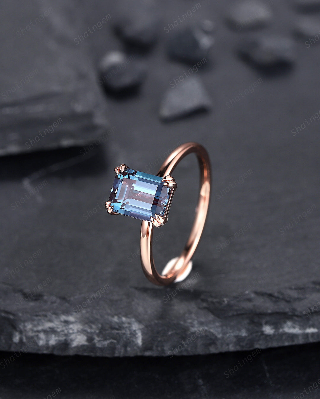 Vintage Emerald Cut Solitaire Alexandrite Engagement Ring,14K Rose Gold High Profile Alexandrite Ring, Promise Anniversary Ring Gift for her - ShainJewelry