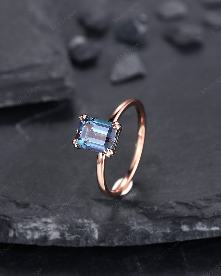 Vintage Emerald Cut Solitaire Alexandrite Engagement Ring,14K Rose Gold High Profile Alexandrite Ring, Promise Anniversary Ring Gift for her - ShainJewelry