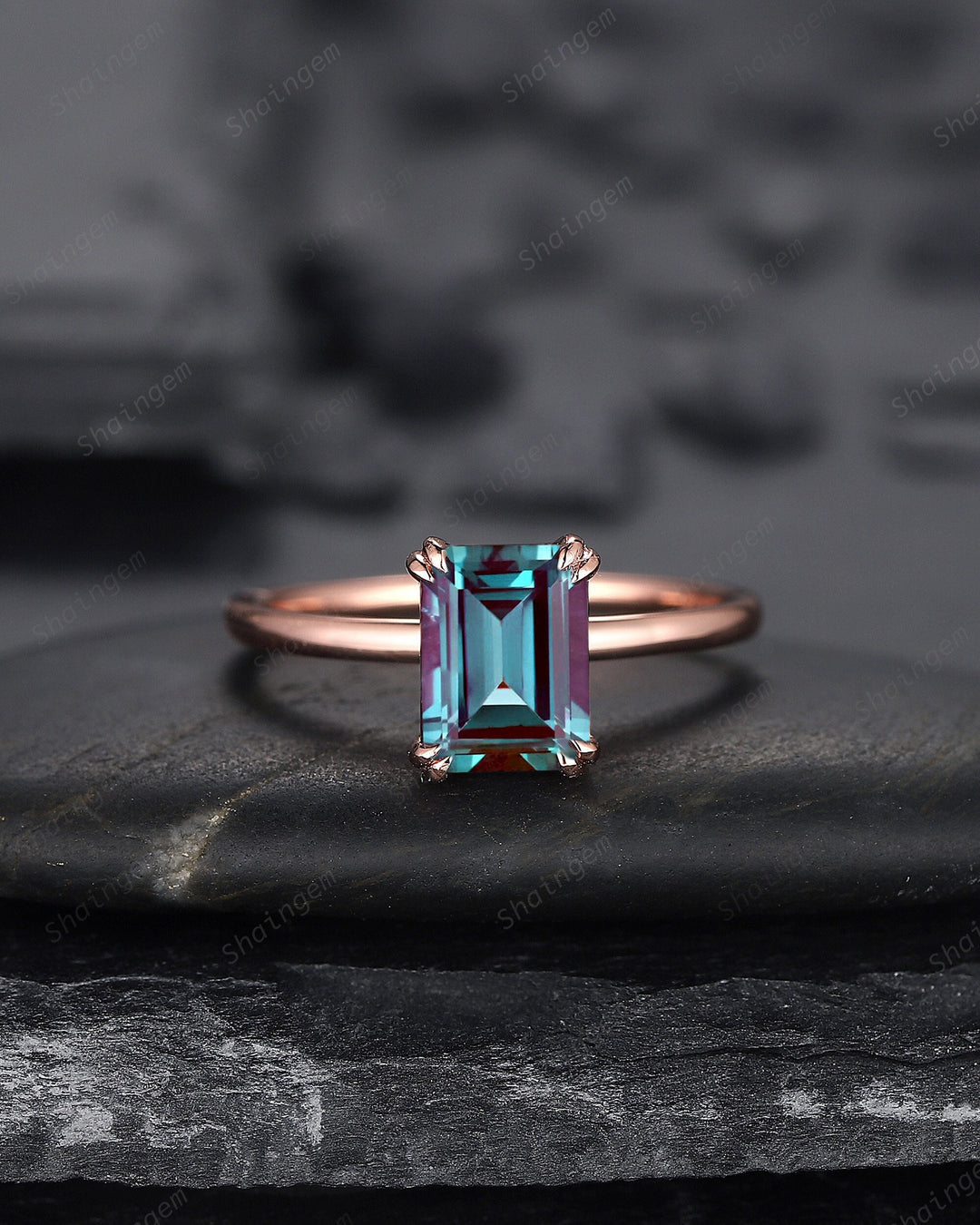 Vintage Emerald Cut Solitaire Alexandrite Engagement Ring,14K Rose Gold High Profile Alexandrite Ring, Promise Anniversary Ring Gift for her - ShainJewelry