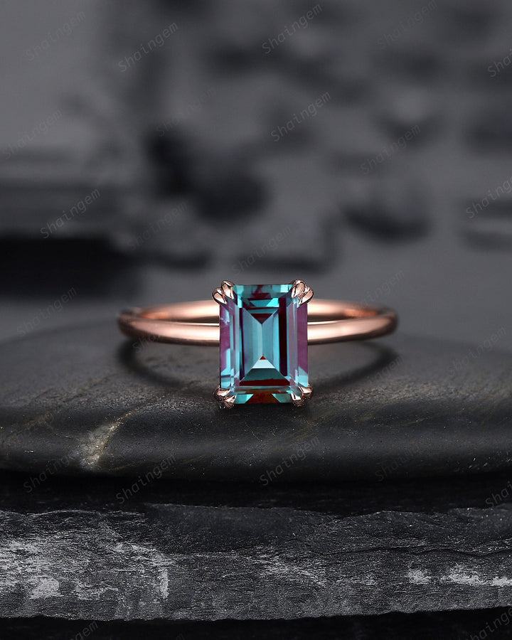 Vintage Emerald Cut Solitaire Alexandrite Engagement Ring,14K Rose Gold High Profile Alexandrite Ring, Promise Anniversary Ring Gift for her - ShainJewelry