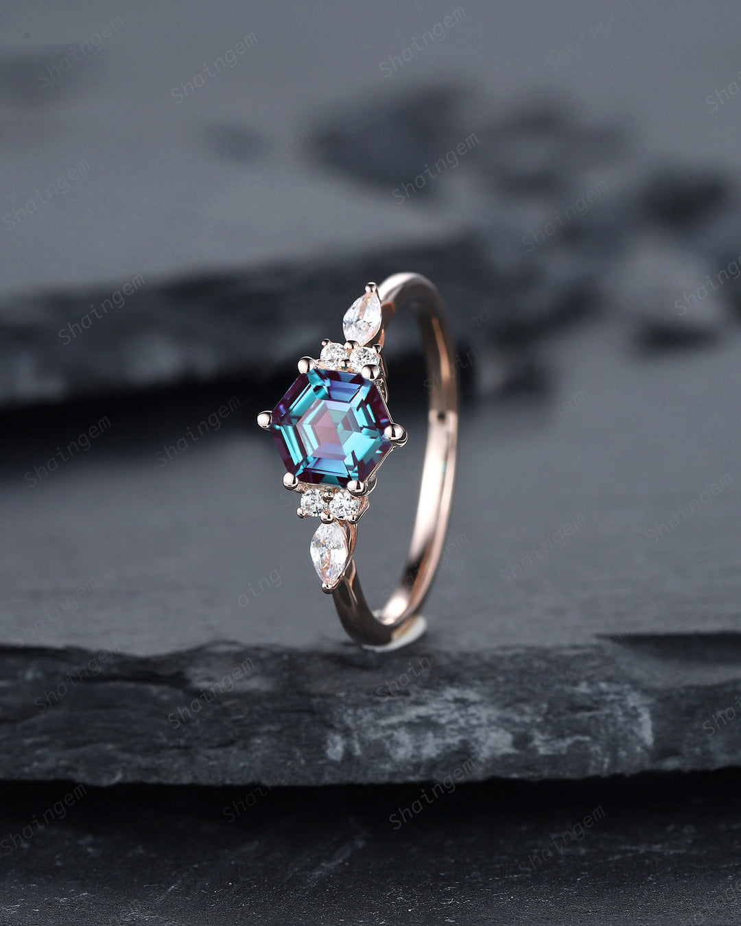 Unique Hexagon Alexandrite Engagement Ring Set, Vintage Alexandrite Wedding Ring, 14K Rose Gold June Birthstone Promise Ring, Art Deco Ring - ShainJewelry