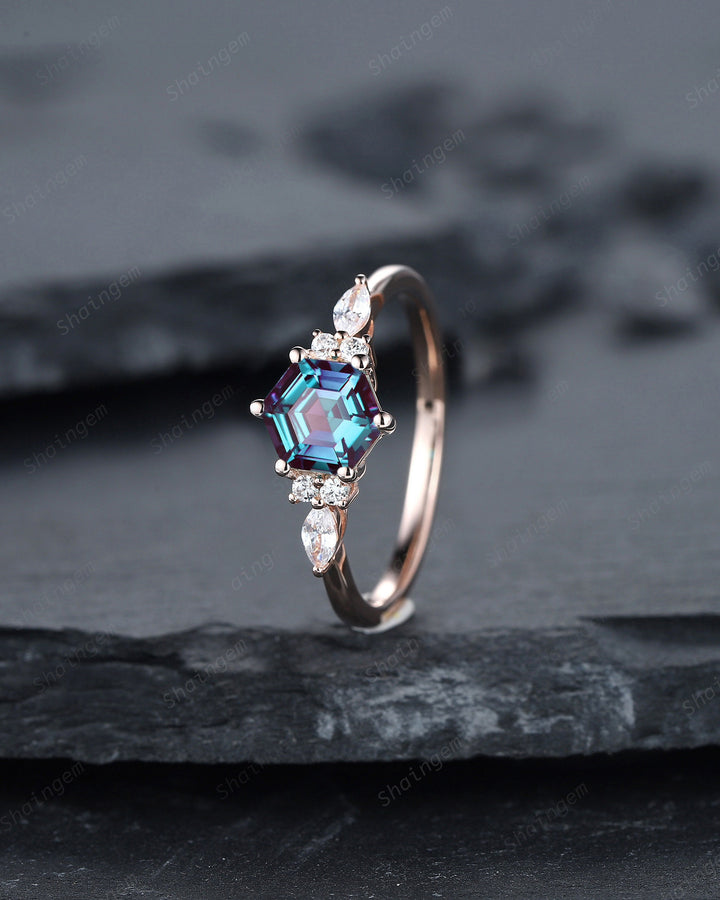 Unique Hexagon Alexandrite Engagement Ring Set, Vintage Alexandrite Wedding Ring, 14K Rose Gold June Birthstone Promise Ring, Art Deco Ring - ShainJewelry